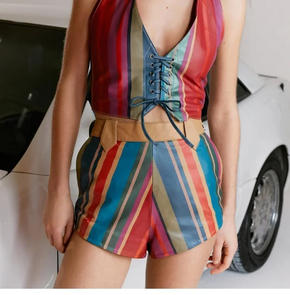 NWT Nasty Gal Real Leather Stripe Booty Shorts MSRP $292 SIZE US 10 - Picture 2 of 12